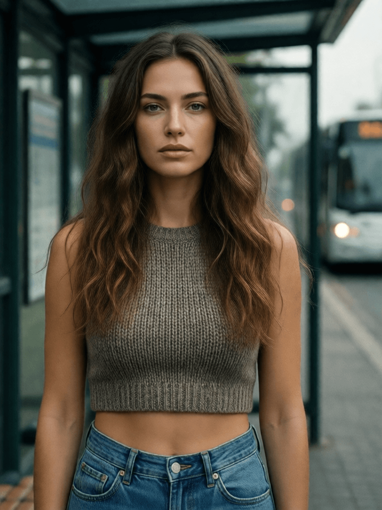 Ophelia gerador de imagens IA grátis – prompt:a woman wearing a cropped top and jeans standing in front of the bus stop, in th…