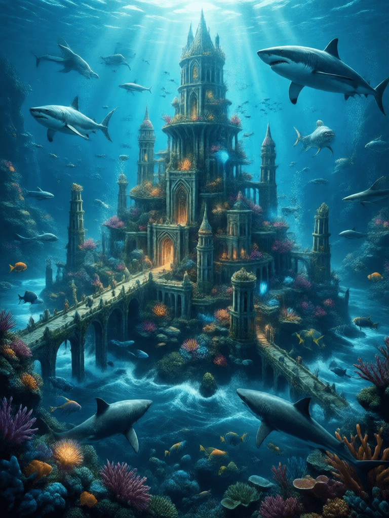 Ophelia 免费 AI 图片生成器提示词:lost city of Atlantis, chaotic ocean, detailed, octane render, tall architecture…