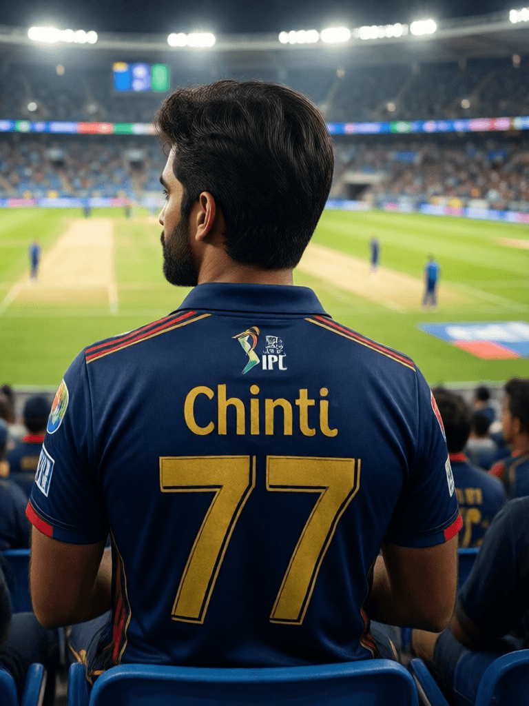Opheliaai موجه:Generate a photo chintu in the stadium watching cricket ipl with rcb jersey tish…