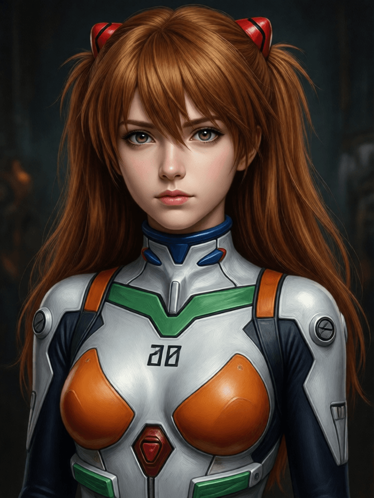 Ophelia 免费 AI 图片生成器提示词:Hyper realistic painting of a beautiful girl in an EVA plugsuit, hyper detailed,…