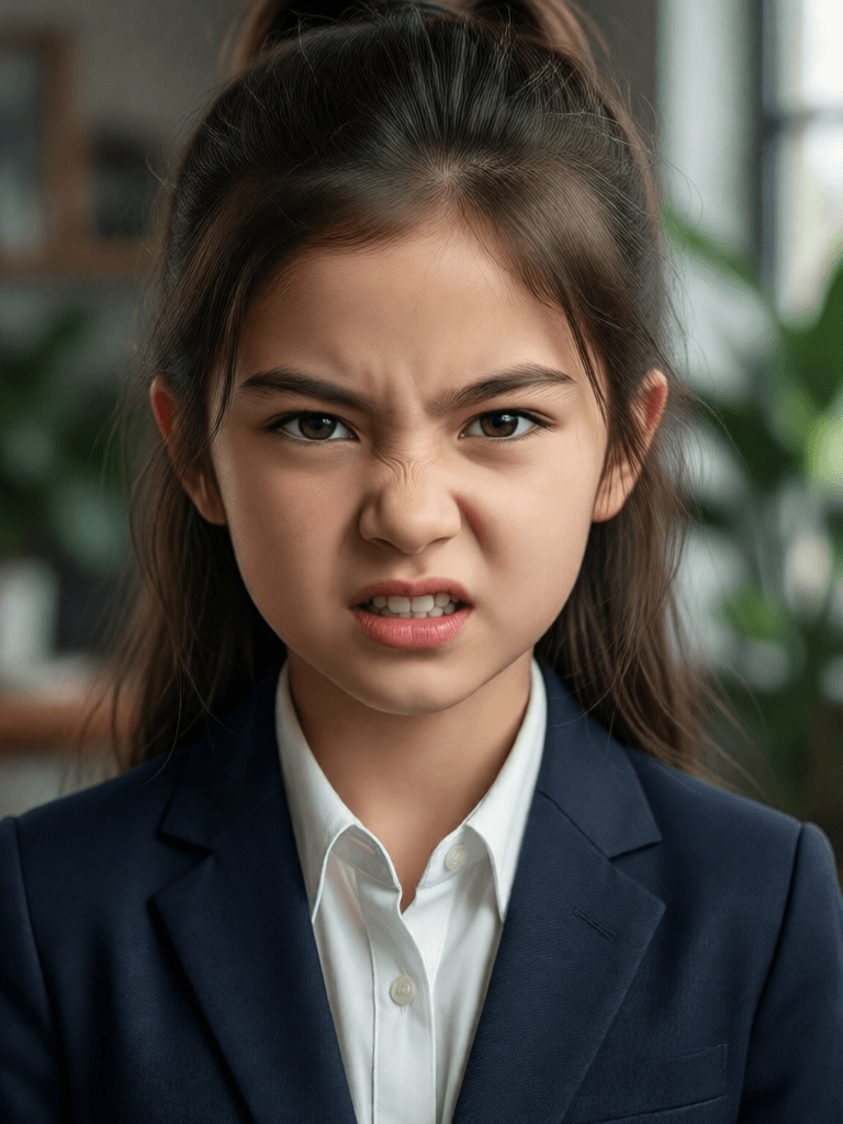 Opheliaai prompt:a young girl in a business suit with a very angry expression, in the style of un…