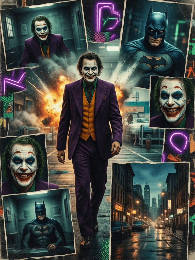 Ophelia 無料AI画像ジェネレーター用プロンプト:A retro vintage collage design of Heath Ledger as the Joker. The central image s…