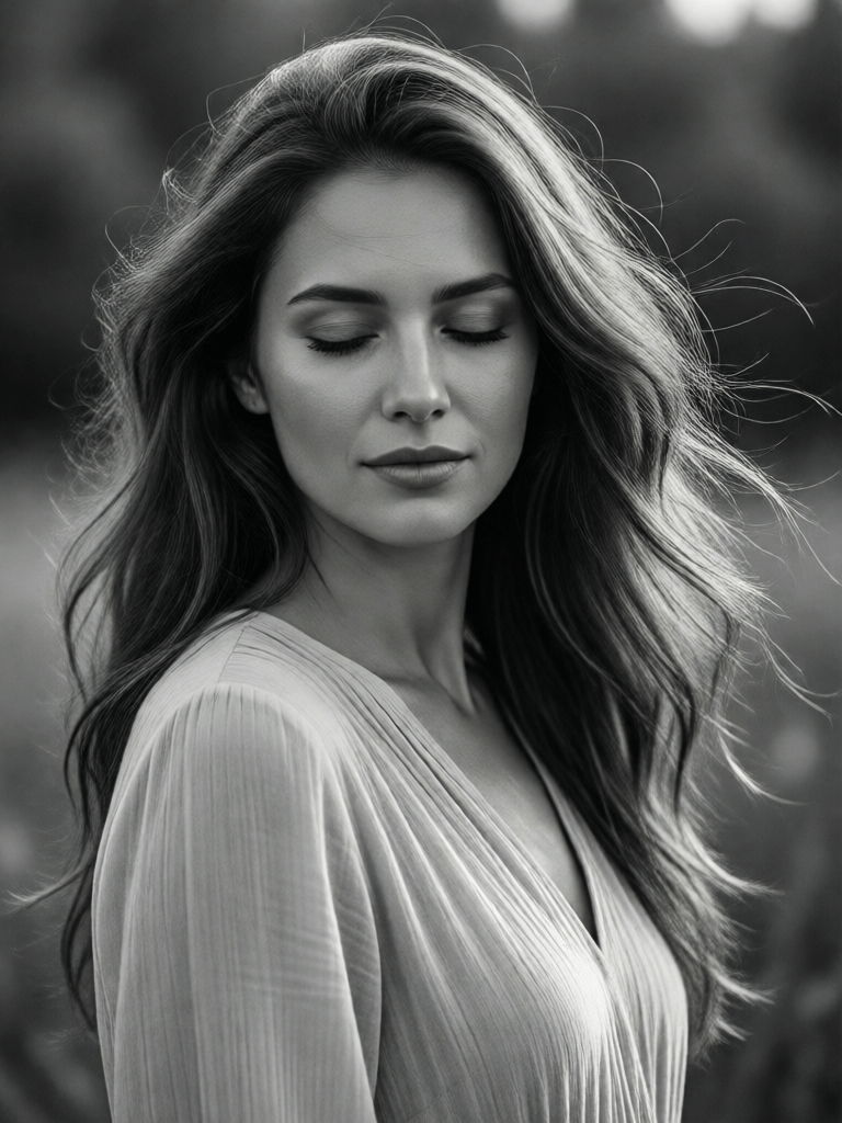 Ophelia 무료 AI 이미지 생성기 프롬프트:Monochromatic outdoor portrait of a woman, eyes closed, flowing hair, light dres…