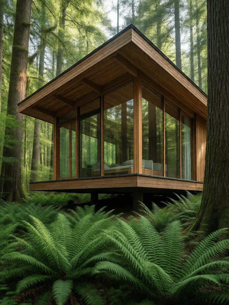 Ophelia เครื่องมือสร้างภาพ AI ฟรี – พรอมต์:architectural photography, wide shot of a modern house embedded in a natural for…