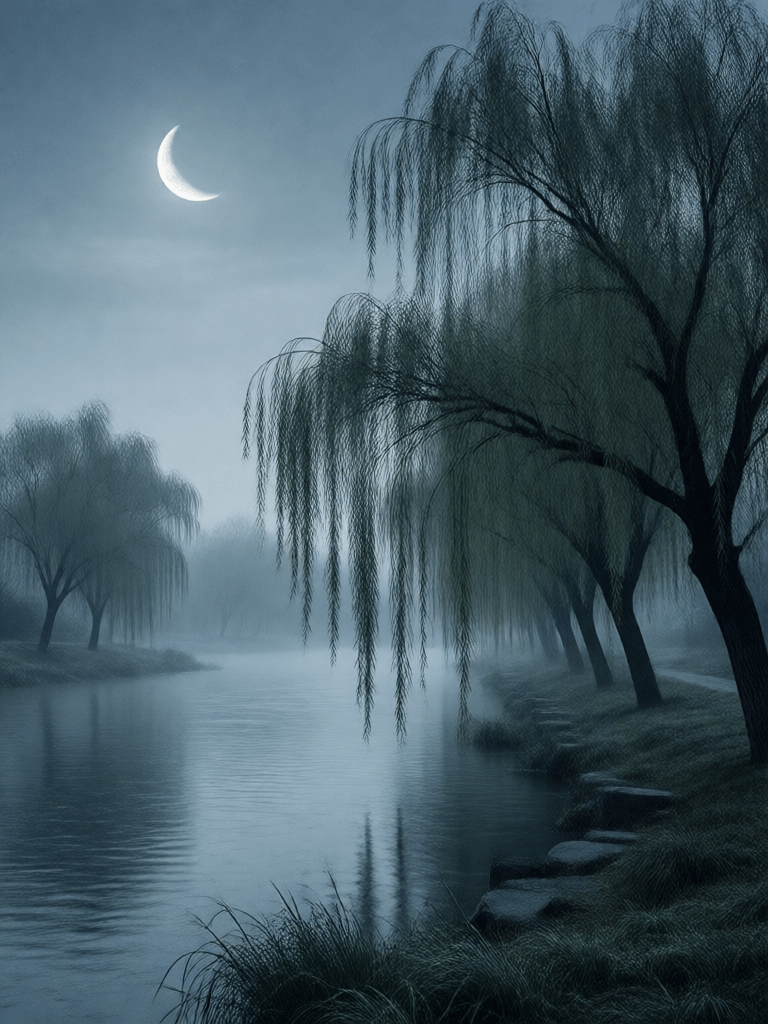 ‏Ophelia مولّد صور بالذكاء الاصطناعي مجاني – برومبت:The most famous scene: riverbank with weeping willows, a silver crescent moon in…