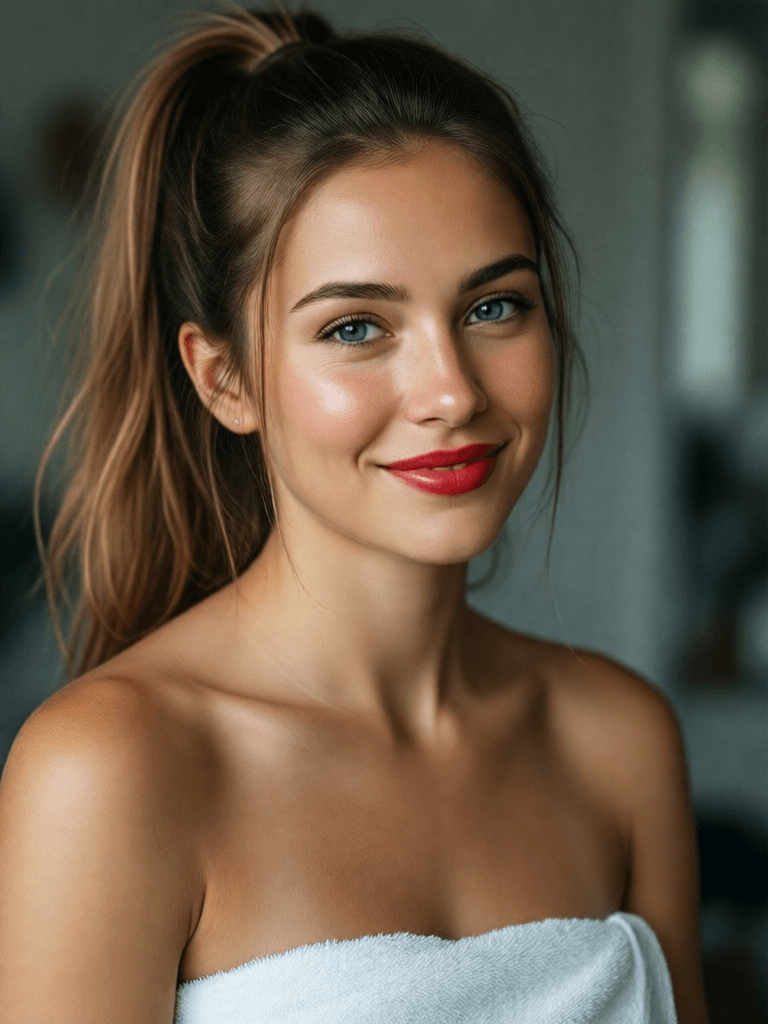 Ophelia générateur d’images IA gratuit – prompt:A portrait of a young woman with light brown hair in a high ponytail, smiling so…