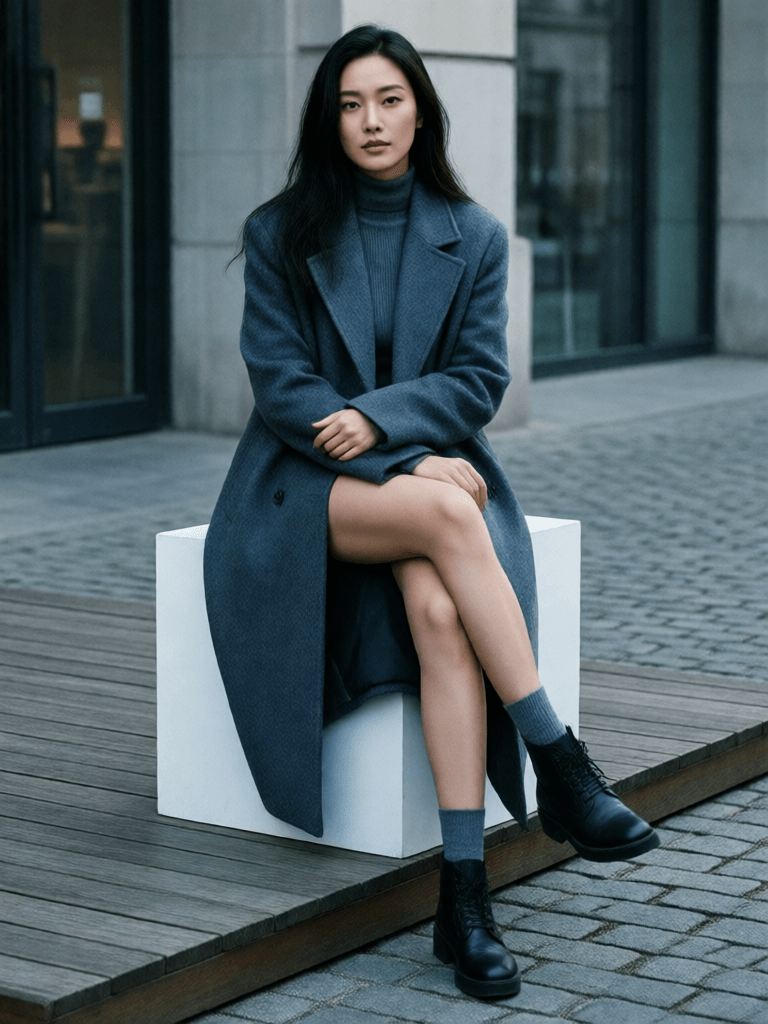 Ophelia free AI image generator prompt:a woman sitting on top of a white cube, official jil sander editorial, blue and…