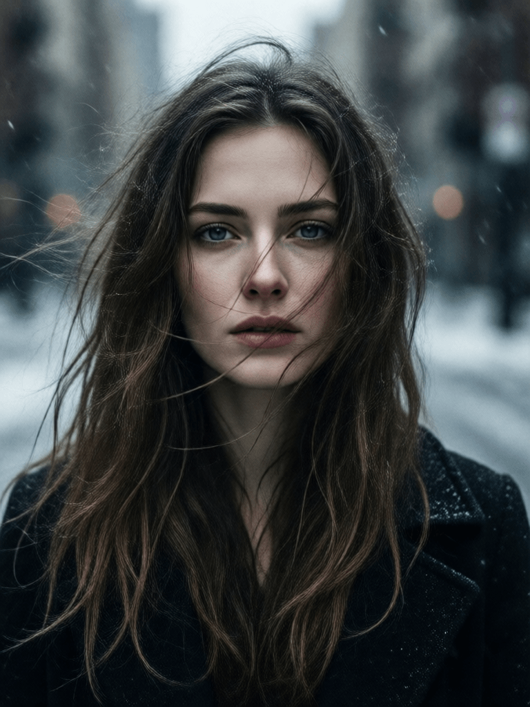 Ophelia generatore di immagini IA gratuito – prompt:a woman with long wild hair on a windy day, in the style of toy camera effects,…