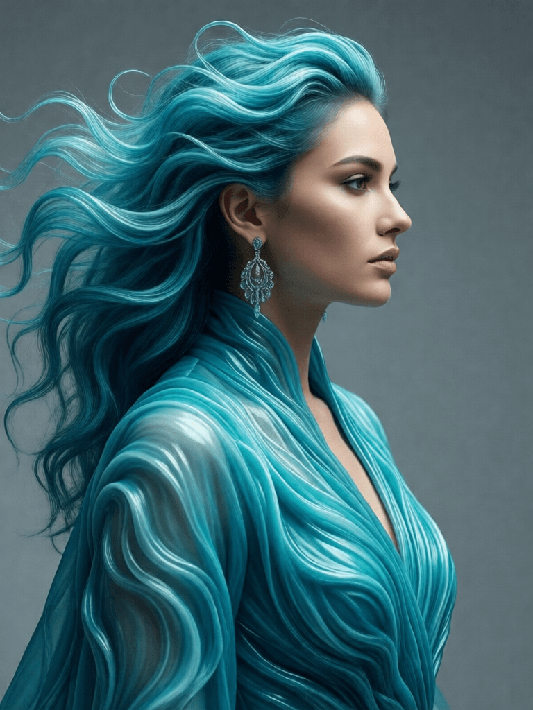 Ophelia generador de imágenes IA gratis – prompt:an image of a person with a flowing, sculptural hairstyle and garment that echo…