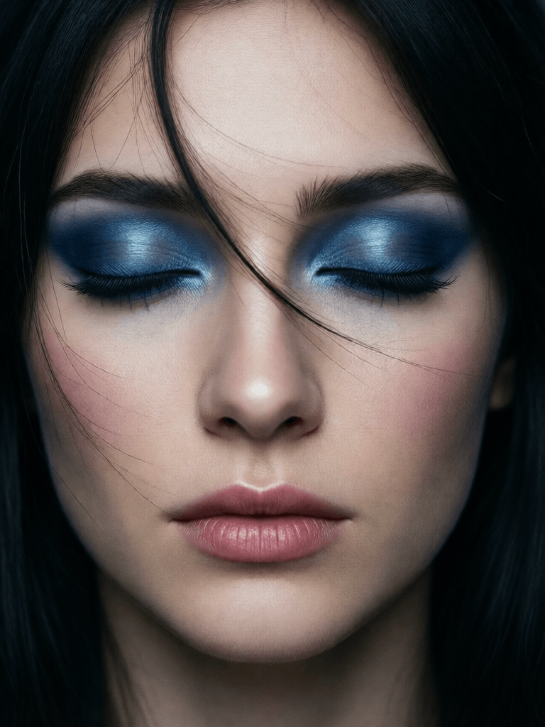 Ophelia free AI image generator prompt:a close up of a woman with a blue eye shadow on her face, official dior editoria…