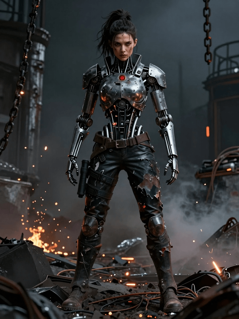 Ophelia free AI image generator prompt:Full-body cinematic shot of a battle-damaged female cyborg standing in a scorche…