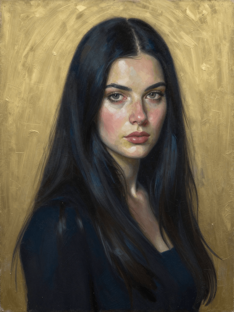 Ophelia gerador de imagens IA grátis – prompt:a woman with long black hair in a gold painting, in the style of charlie bowater…