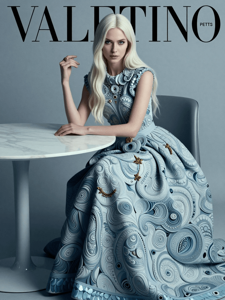 Ophelia free AI image generator prompt:a woman sitting at a table , by Valerie Petts, tumblr, intricate fantasy dress,…