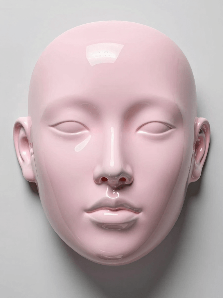 ‏Ophelia مولّد صور بالذكاء الاصطناعي مجاني – برومبت:woman bionic ceramic glossy pink face sculpture, pushed out of the background, f…
