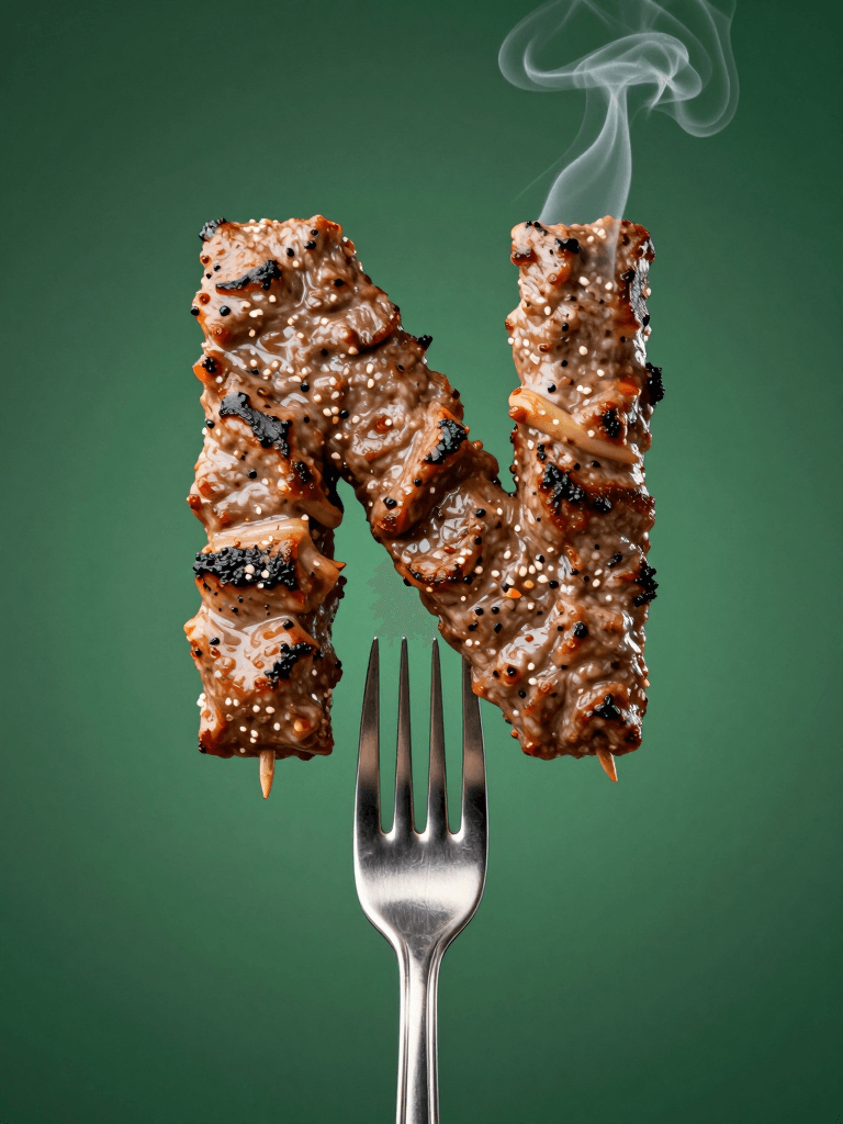 Ophelia เครื่องมือสร้างภาพ AI ฟรี – พรอมต์:Photograph of the letter “N” made from shashlik, skewered on the tip of a fork.…