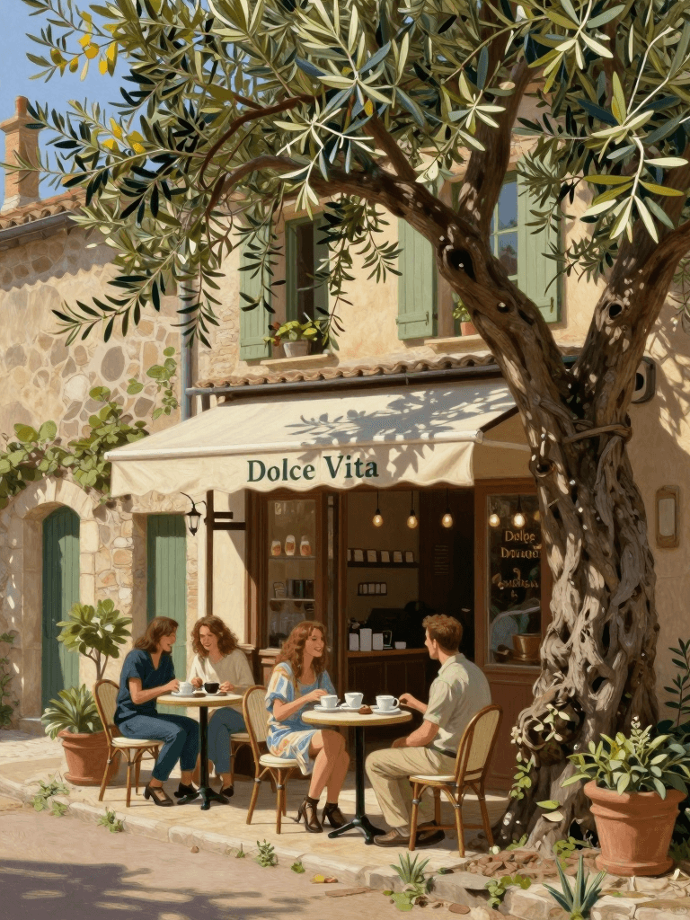Ophelia free AI image generator prompt:mdjrny-v4 style traditional french cafe in the street of a small village on Fran…