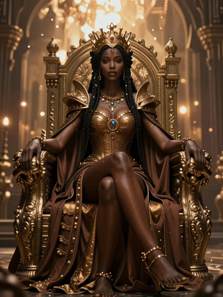 Ophelia free AI image generator prompt:A dark-brown-skinned mystical fantasy queen sitting on her throne with soft wash…