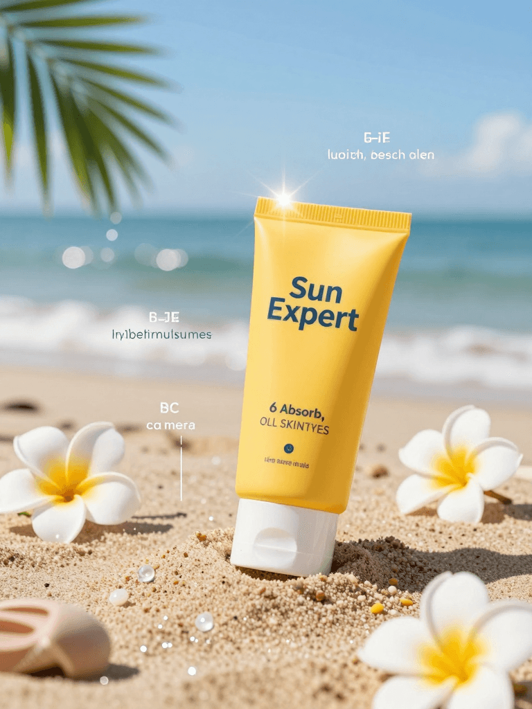 Ophelia free AI image generator prompt:{ "scene": "Product Photography - Sunscreen on Beach", "subject": { "type": "sun…