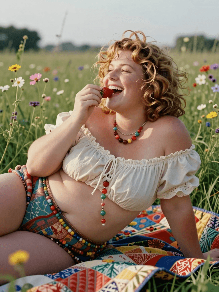 Ophelia générateur d’images IA gratuit – prompt:A full-figured woman with thick, sun-kissed golden curls piled loosely atop her…