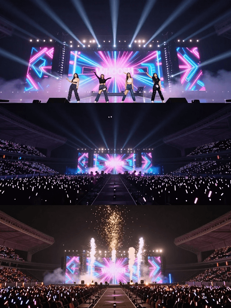 Ophelia free AI image generator prompt:This 15-second epic K-pop concert sequence starts with an 8K wide crane shot of…