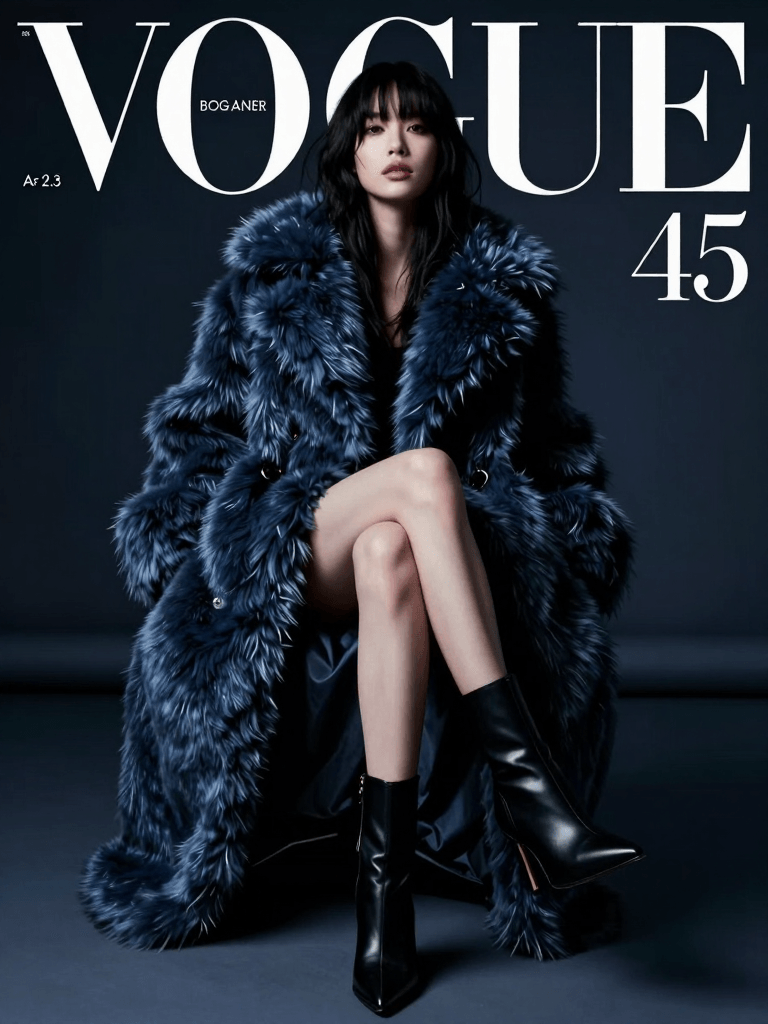 Ophelia 免费 AI 图片生成器提示词:Vogue magazine cover photo of a high-fashion female model sitting confidently in…