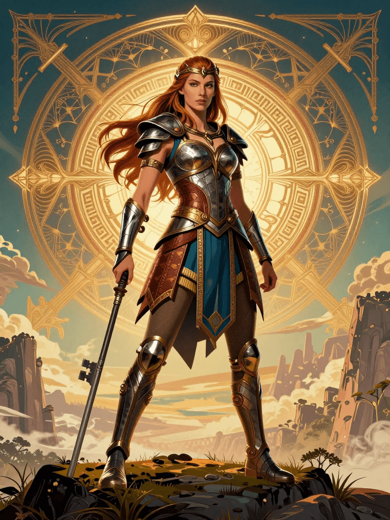 Ophelia kostenloser KI‑Bildgenerator‑Prompt:poster of warrior princess| standing on hill |centered| key visual| intricate| h…