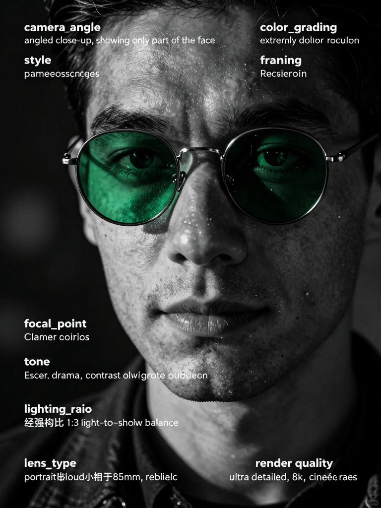 Ophelia 免費 AI 圖片生成器提示詞:{ "image_request": { "prompt": "A photorealistic, ultra-close angled portrait of…