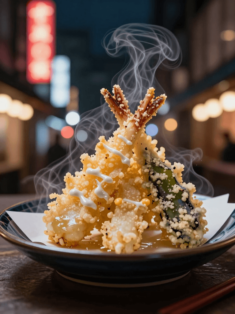‏Ophelia مولّد صور بالذكاء الاصطناعي مجاني – برومبت:futuristic tempura food, night, japanese, neon light, volumetric smoke, volumetr…