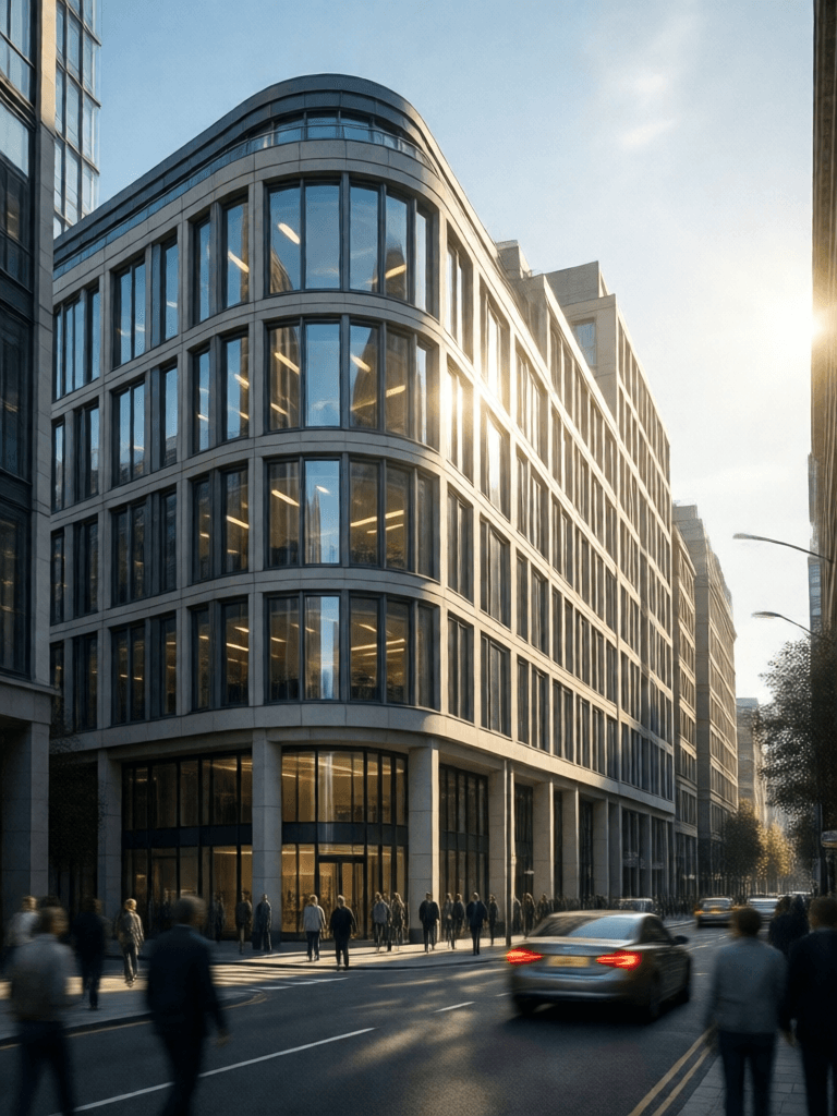 Ophelia бесплатный генератор изображений ИИ – промпт:photorealistic, canon EOS 5d, minimalistic medium scale office building, curved,…