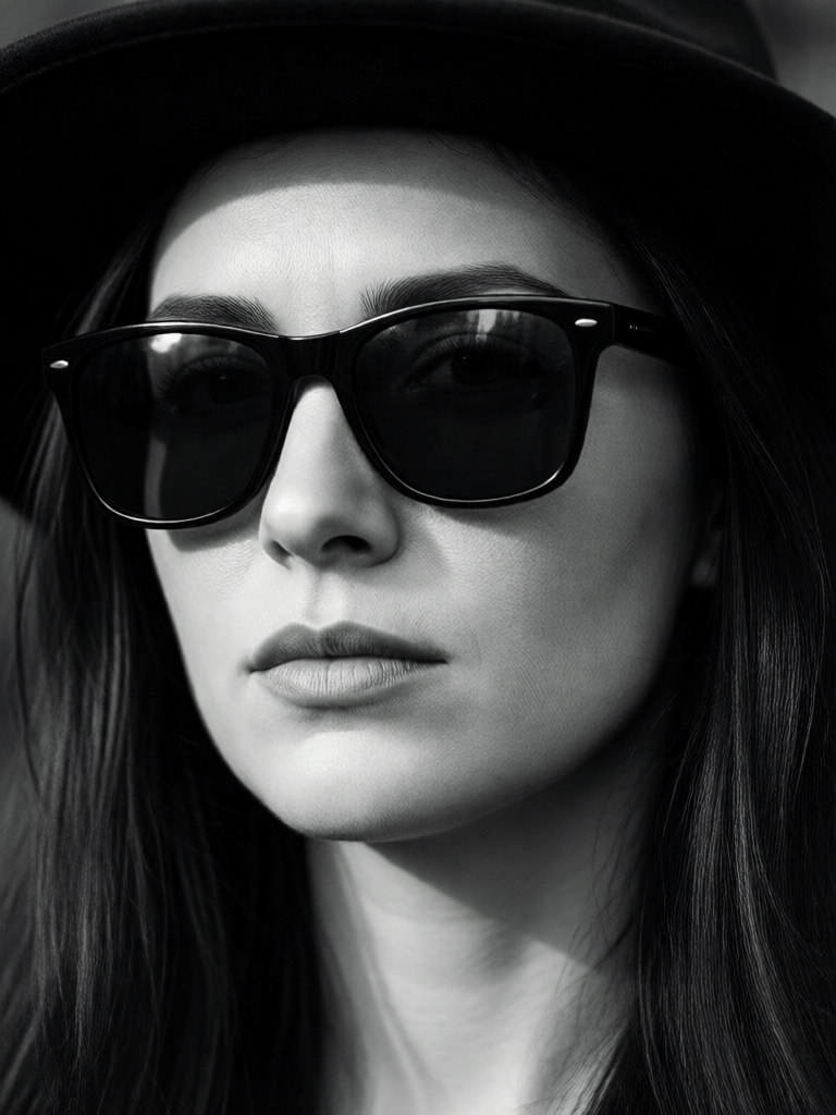 Ophelia générateur d’images IA gratuit – prompt:a woman wearing black sunglasses and a hat, in the style of black and white imag…
