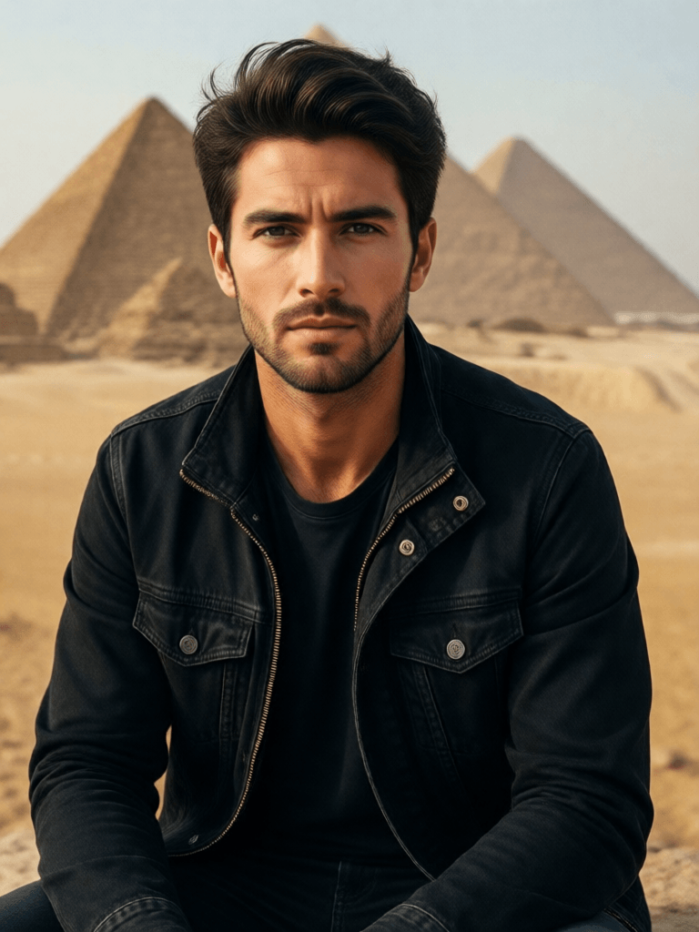 Ophelia generatore di immagini IA gratuito – prompt:عاوز خلفيه حلوه للصوره فى مصر ولابس جاكت اسود والواجه بدون تلاعب وقاعد