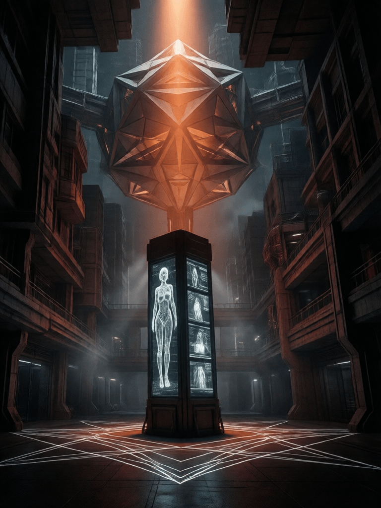 Ophelia เครื่องมือสร้างภาพ AI ฟรี – พรอมต์:RAW Photography 8K or 4K film still. Surreal noir. a massive scale geometric hab…