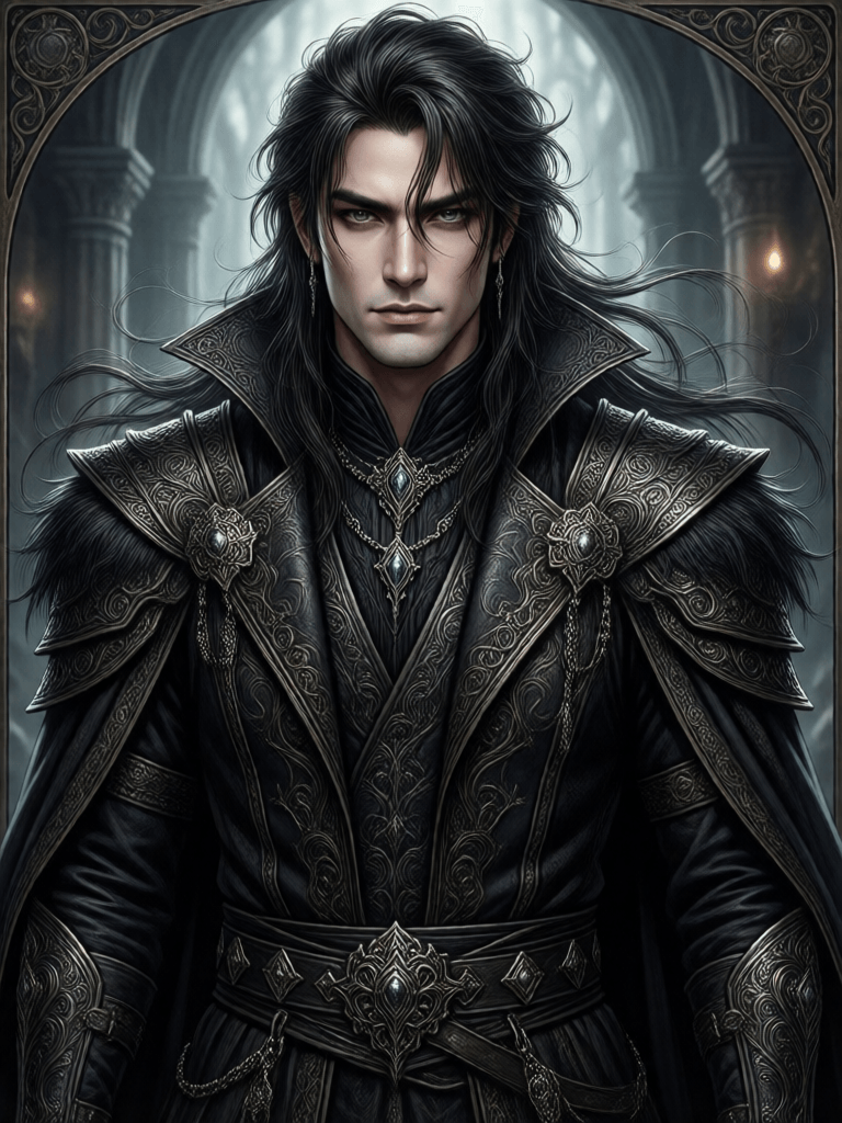 Ophelia kostenloser KI‑Bildgenerator‑Prompt:Full height Portrait of young male (villain), centered portrait, fringe up hair,…