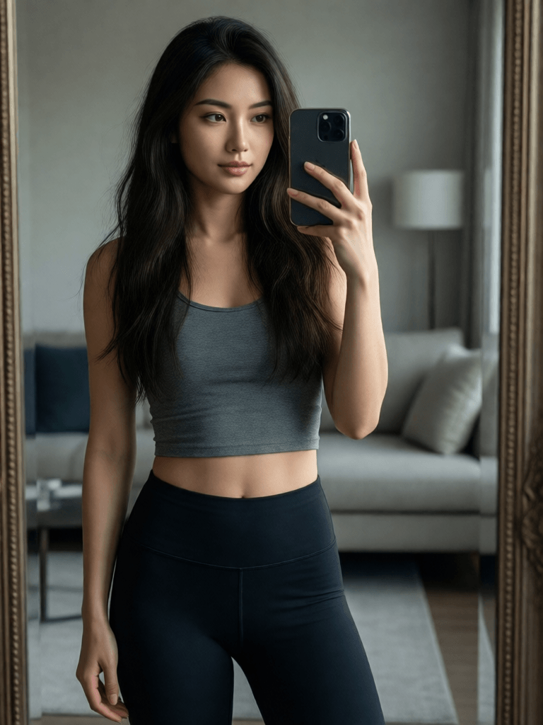 Ophelia générateur d’images IA gratuit – prompt:the girl takes a photo with her phone of herself in the mirror, she is posing an…