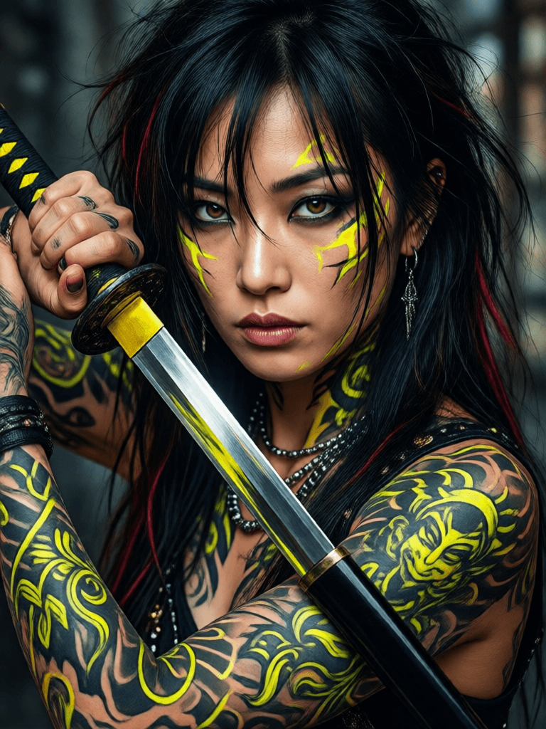 Ophelia เครื่องมือสร้างภาพ AI ฟรี – พรอมต์:Editorial Vivienne Tam photography of a gothic punk rebel Japanese [woman] with…