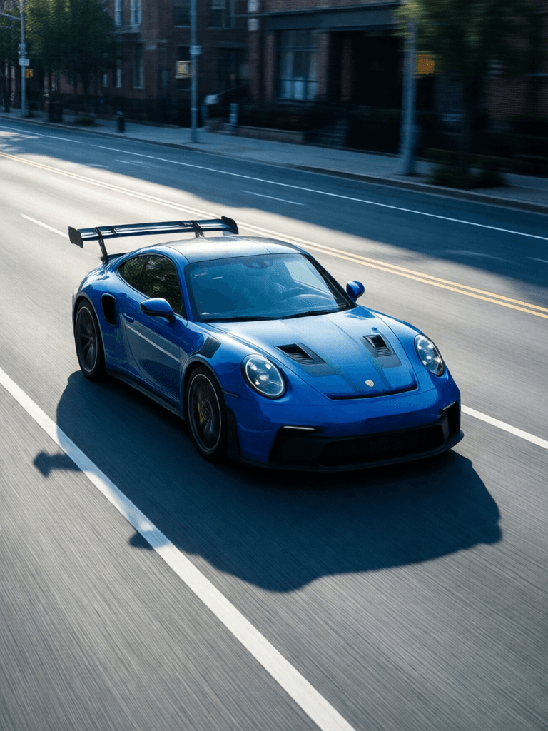 Ophelia kostenloser KI‑Bildgenerator‑Prompt:Blue Porsche car GT-R moving in the street And huge blue shadow fade Like world…