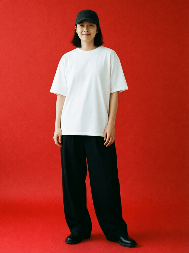 Ophelia เครื่องมือสร้างภาพ AI ฟรี – พรอมต์:capturing a casual yet stylish vibe, a figure in a loose, oversized black street…