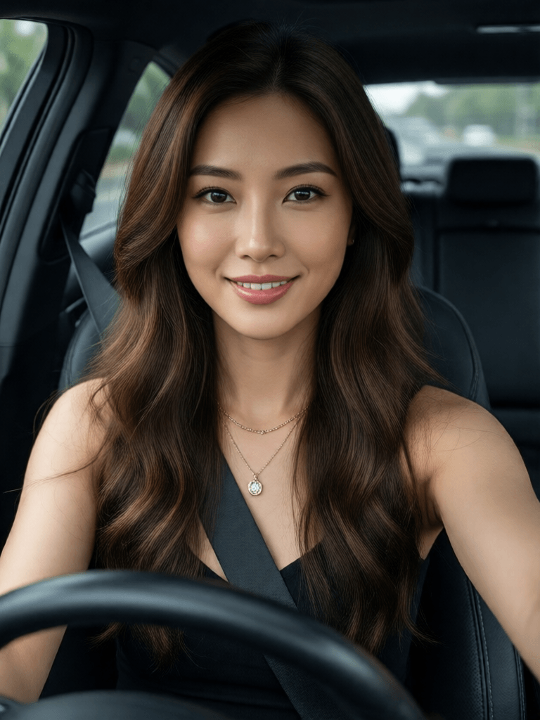 Ophelia free AI image generator prompt:this woman, but inside the car in the driver's seat, recording herself in selfie…