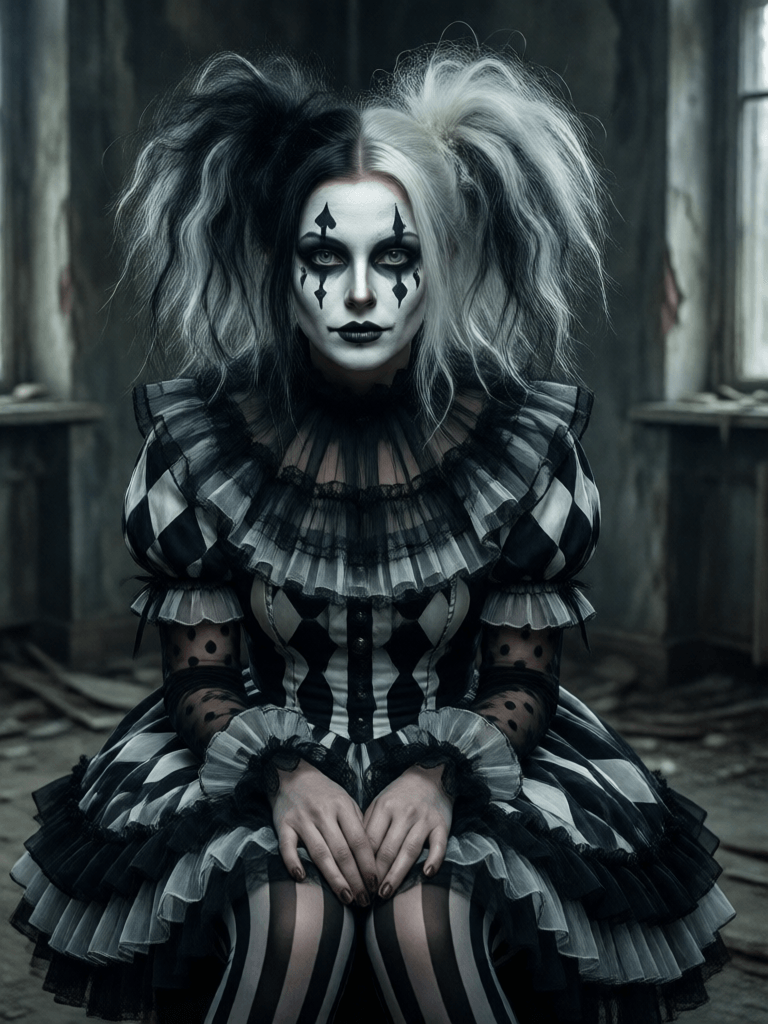 Ophelia free AI image generator prompt:A cinematic high-detail portrait of a gothic harlequin woman sitting in a dereli…