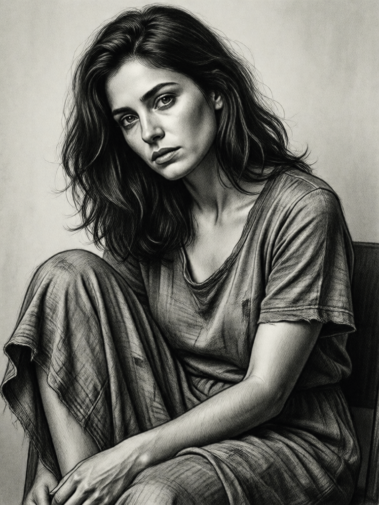 Ophelia free AI image generator prompt:"A close-up, monochrome, pencil charcoal sketch of Spanish woman. medium hair st…