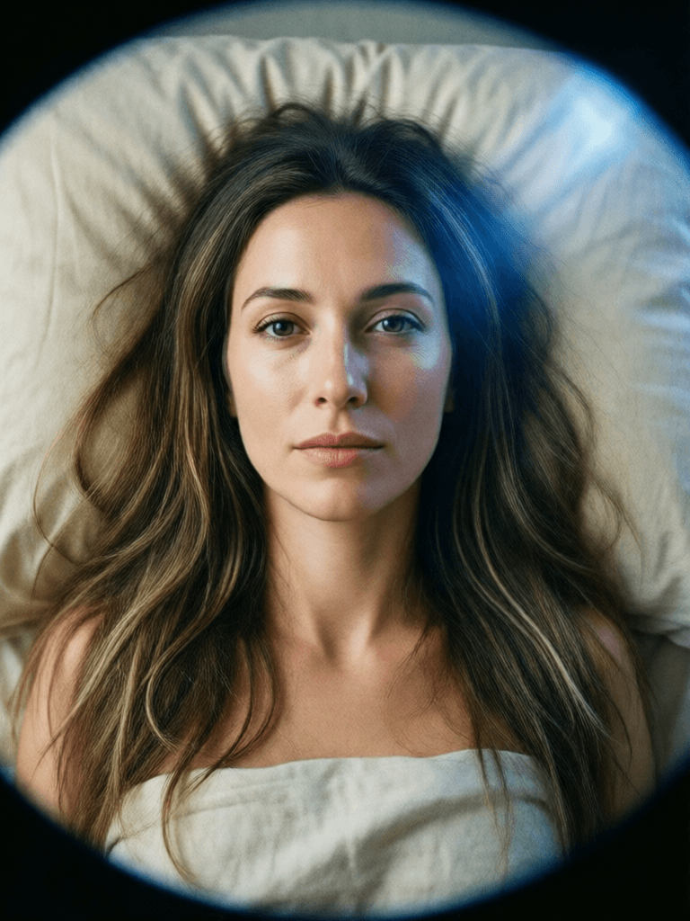 Ophelia free AI image generator prompt:a woman with long hair laying in bed, in the style of yigal ozeri, anamorphic le…