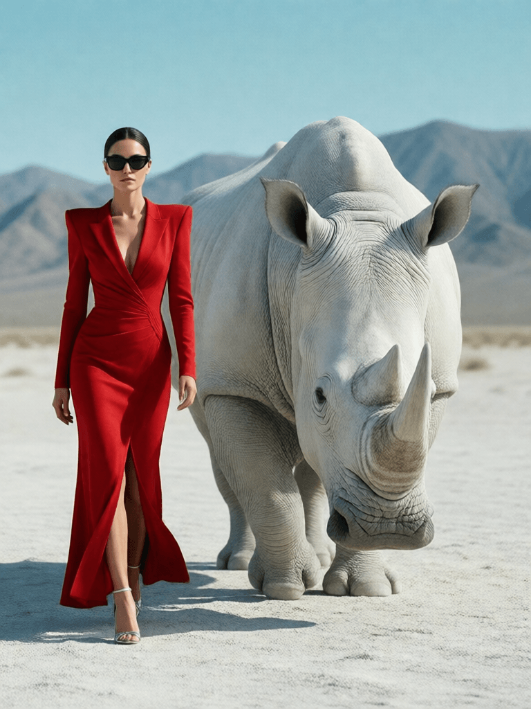 Ophelia เครื่องมือสร้างภาพ AI ฟรี – พรอมต์:{ "scene": { "type": "editorial fashion surrealism", "location": "barren white d…