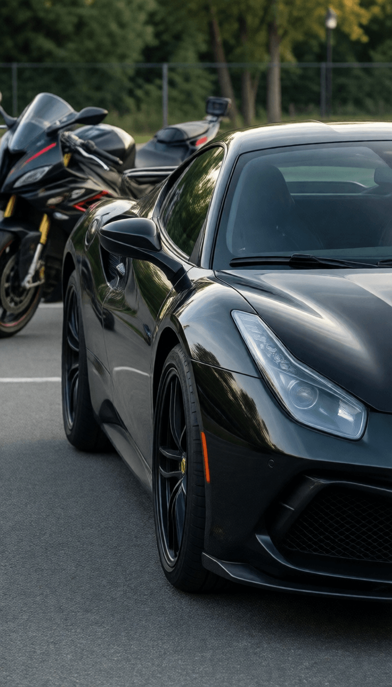 Ophelia 무료 AI 이미지 생성기 프롬프트:Change the car that we leaning on to be super sport car ( black Ferrari ) and ad…