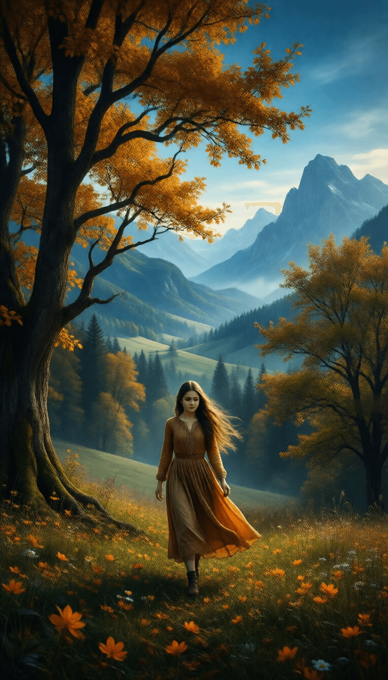 Ophelia générateur d’images IA gratuit – prompt:a girl walking through a field, in the style of ethereal trees, dark yellow and…