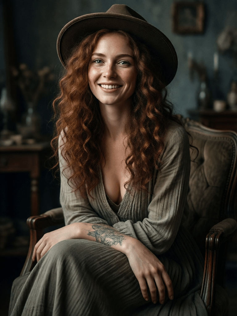 Ophelia free AI image generator prompt:HDR photo of woman, spiral curls, long auburn hair, (freckles:0.6), beautiful lo…