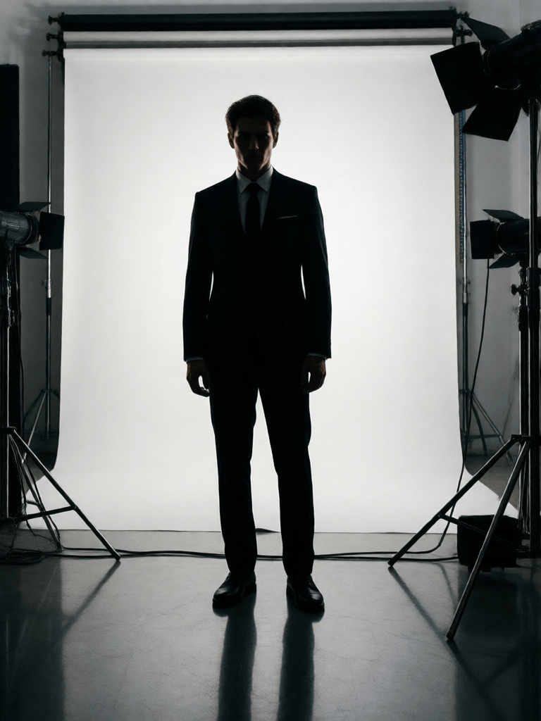 Ophelia free AI image generator prompt:Capture a male model's silhouette, white backdrop in photo studio, strong backli…