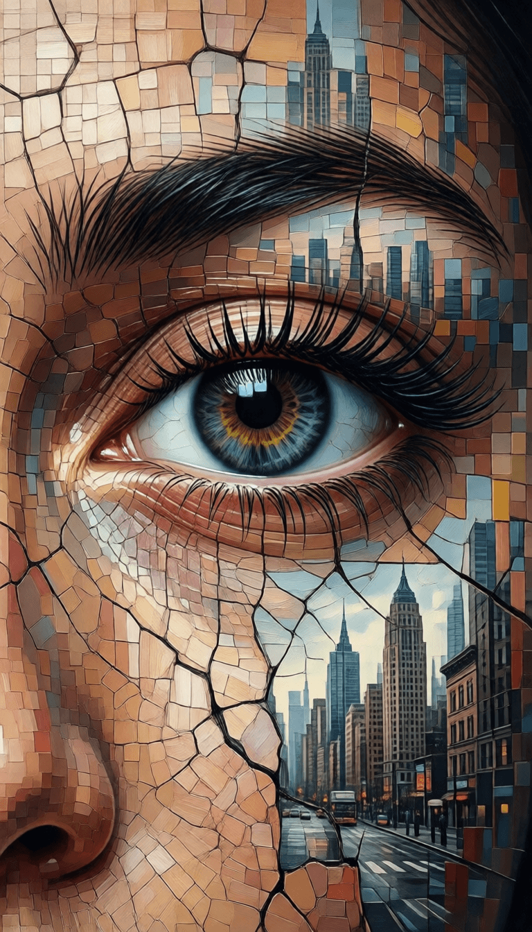 Ophelia free AI image generator prompt:abstract art painting of an eye, in the style of pixelated portraits, cracked, o…