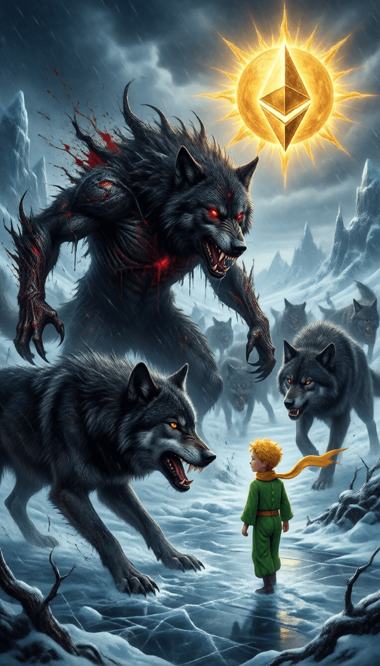 Ophelia free AI image generator prompt:Starvation black monster wolves with red eyes, fight in the ice age Scenery, : c…