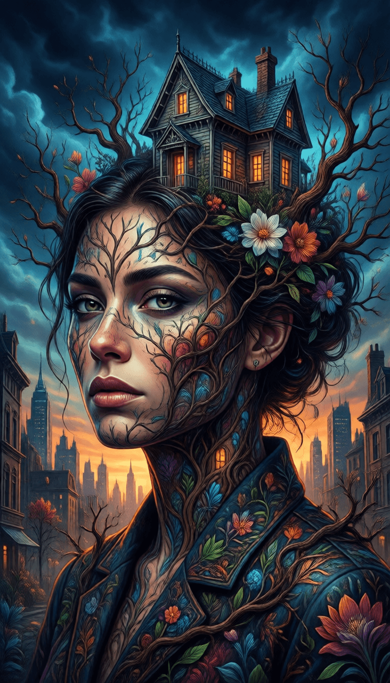 Ophelia générateur d’images IA gratuit – prompt:a colorful digital artwork of a woman's head and branches, in the style of haunt…