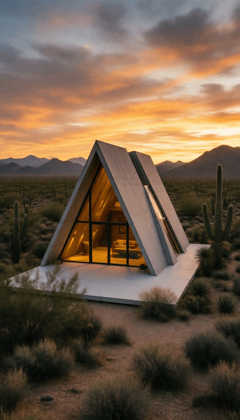 Ophelia trình tạo ảnh AI miễn phí – prompt:modern, triangular concrete house nestled in a desert landscape at twilight, dra…